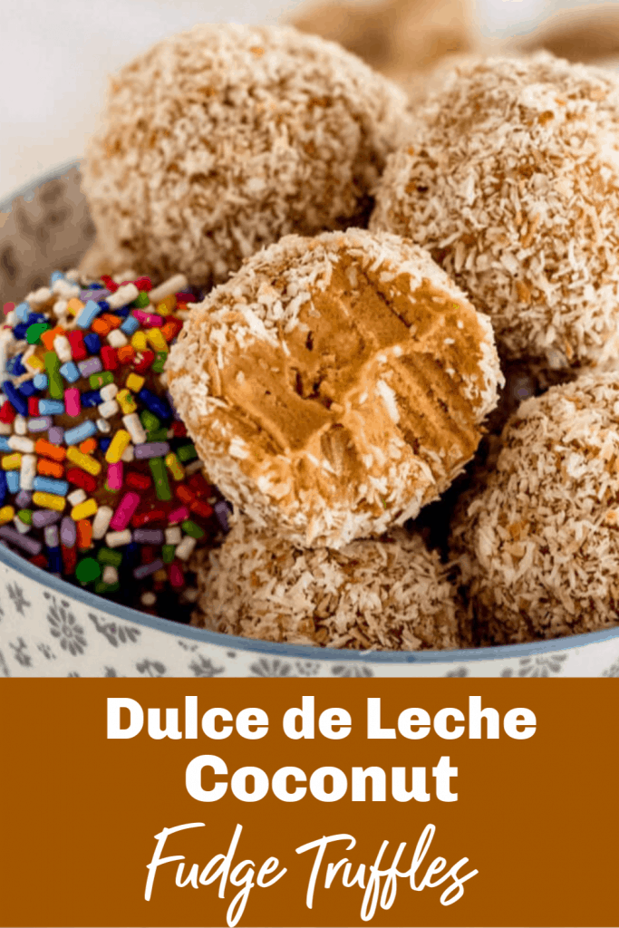 Bowl of dulce de leche truffles with coconut and sprinkles, with text