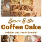 Double image collage of glazed coffee cake loaf, brown text overlay