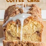 Brown text on close up of glazed loaf coffee cake