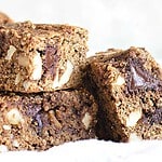 Teal, brown and white text overlay on squares of cookie, chocolate chip and nut blondies.