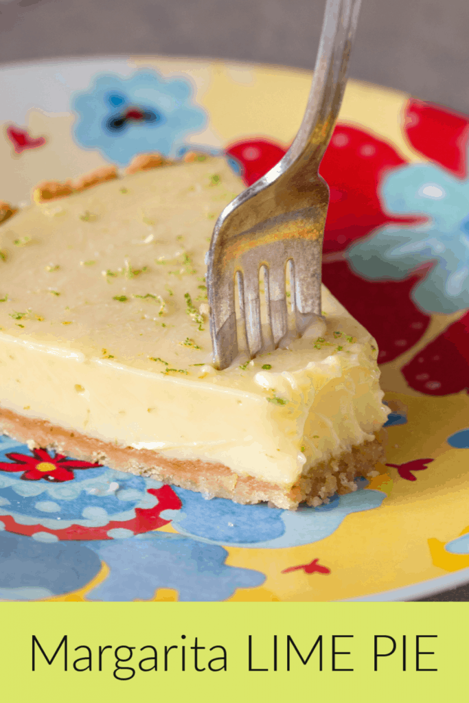 Slice of lime pie on a plate with fork; image with text
