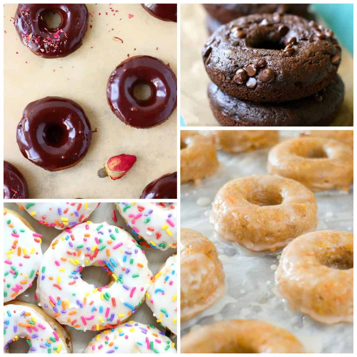 Glazed, with sprinkles, and chocolate covered donuts in a collage