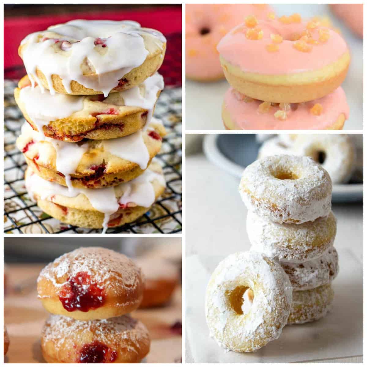 Stacked donuts, glazed and not, creating a collage