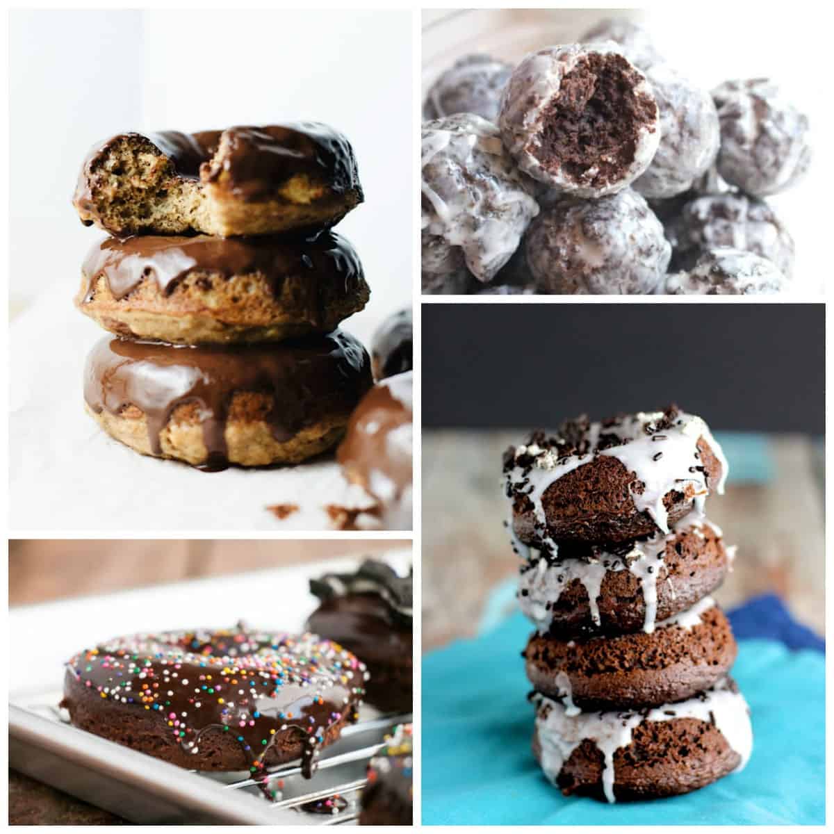 Chocolate glazed donuts making a collage, stacked and donut holes