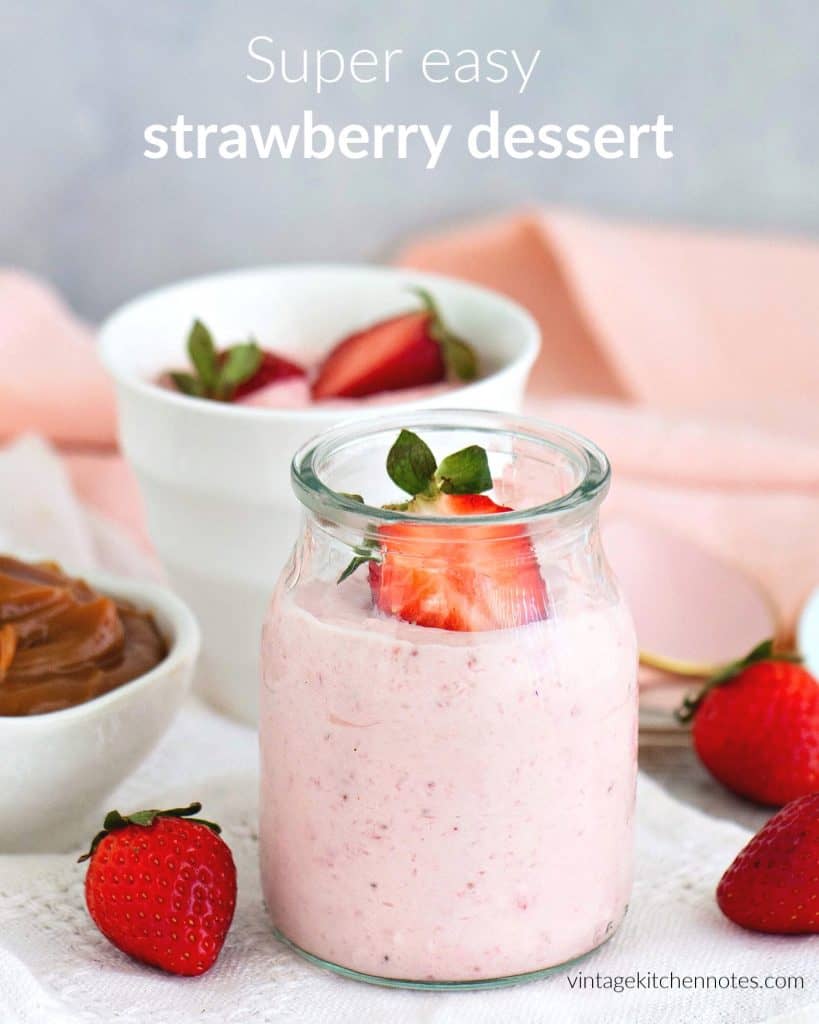 Easy strawberry dessert in glass jar, pink cloth, fresh berries