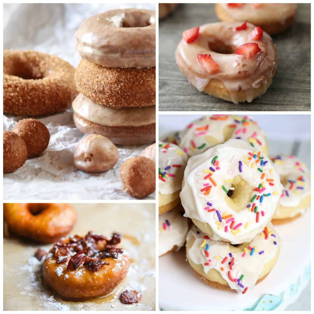 Collage of donut images, glazed, with sprinkles and toppings