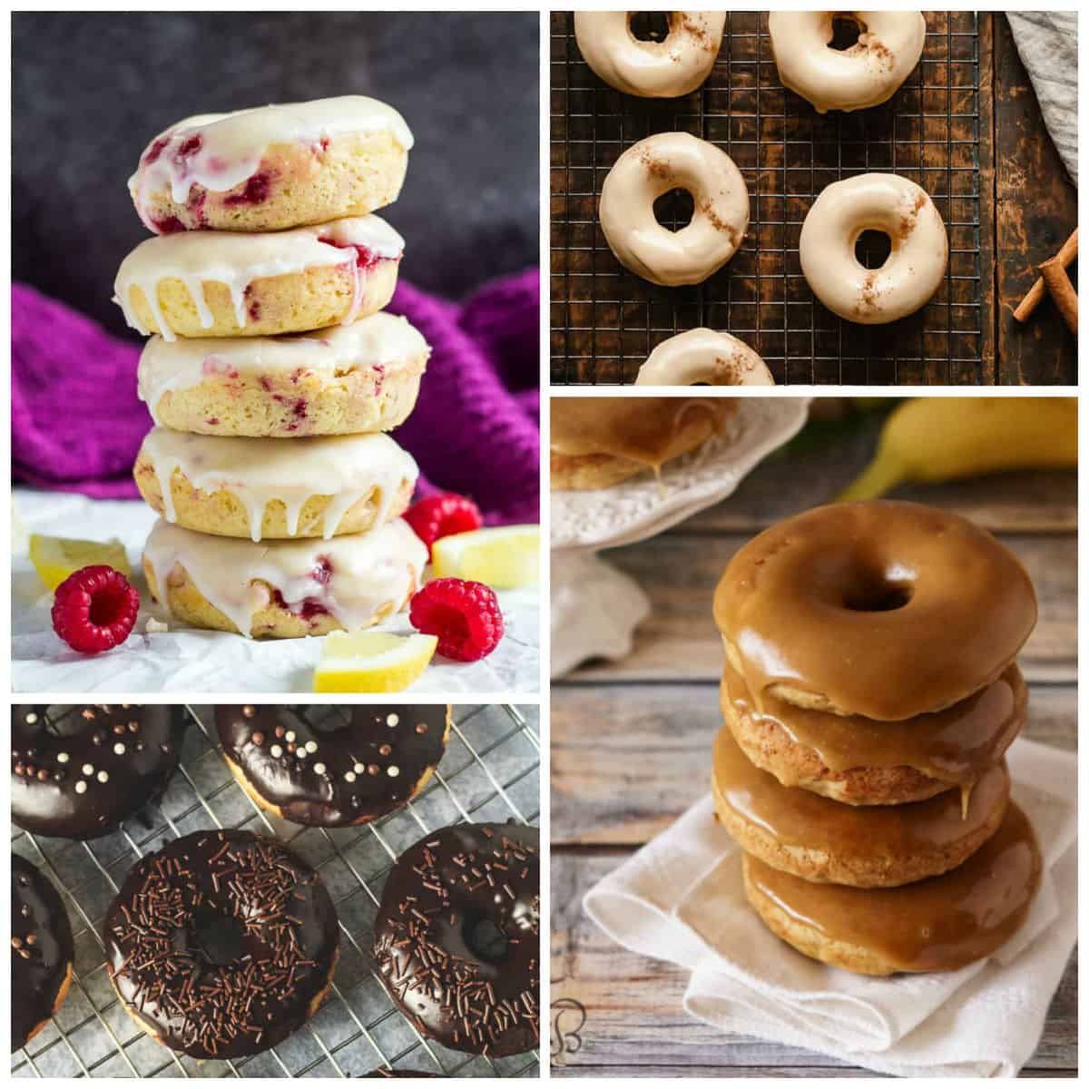 Several images of donuts, with chocolate, raspberries, glazes and toppings