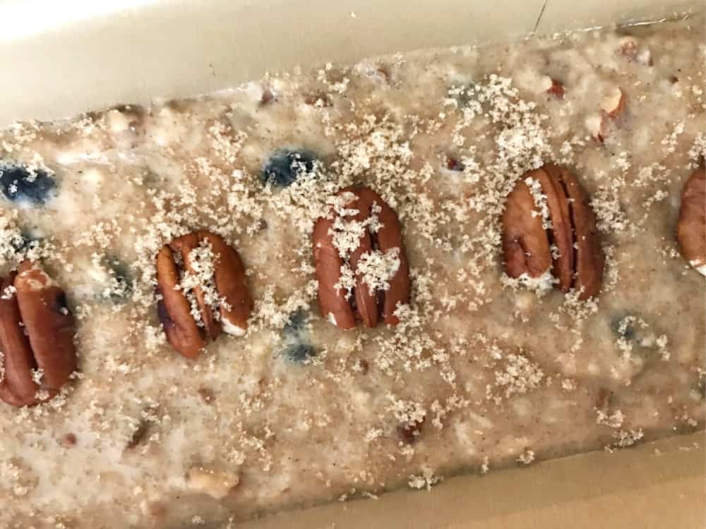 Raw Blueberry pecan loaf mixture in the pan 