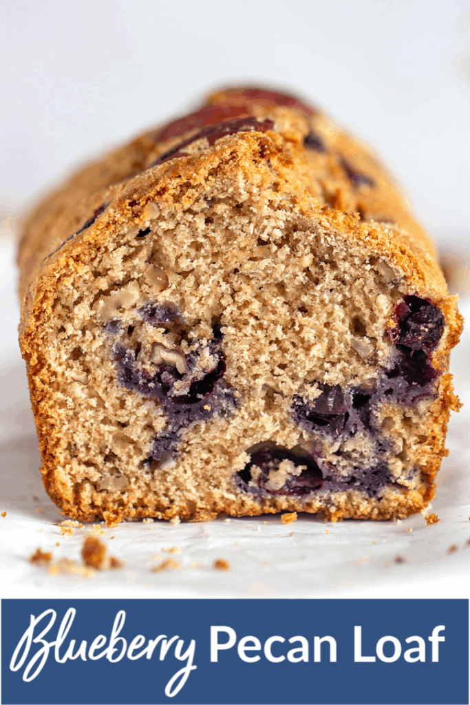 close-up blueberry applesauce loaf cake on white surface