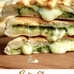 Stack of three filled grilled Naan Breads, oozing cheese on wooden board with text