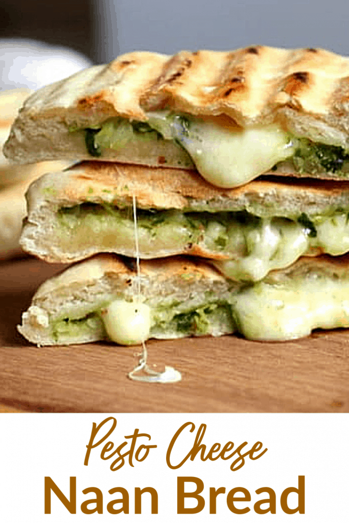 Stack of three filled grilled Naan Breads, oozing cheese on wooden board with text
