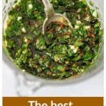 Metal spoon in jar with chimichurri sauce