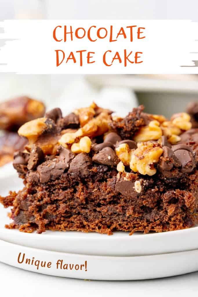 Orange and white text overlay on image of chocolate date walnut cake on a stack of white plates.