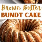 Two images of sliced and whole glazed butter bundt cake with brown and white text overlay.