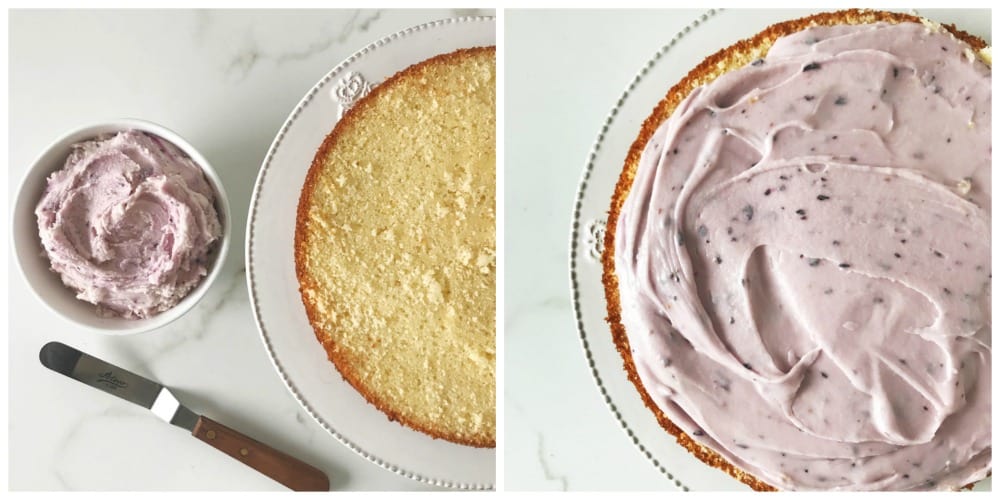 Collage with lemon blueberry cake being frosted.