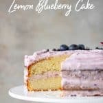 Cut Lemon Blueberry Cake on cake stand with text