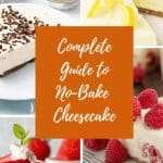 Banner for no-bake cheesecake guide with 4 images and central brown and white text overlay.