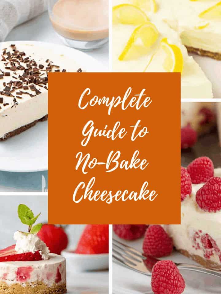 Banner for no-bake cheesecake guide with 4 images and central brown and white text overlay.