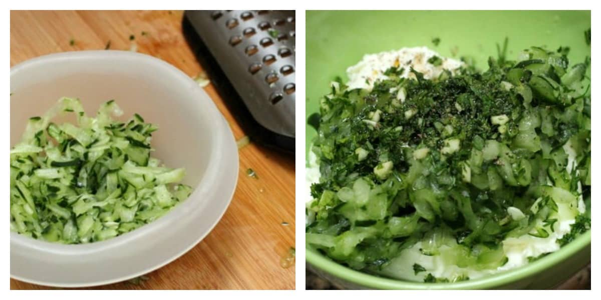 Process shots with grated cucumber on bowl on wooden board, and herbs, yogurt on green bowl