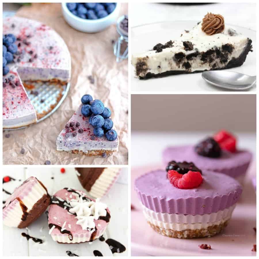 Collage of vegan no-bake cheesecakes