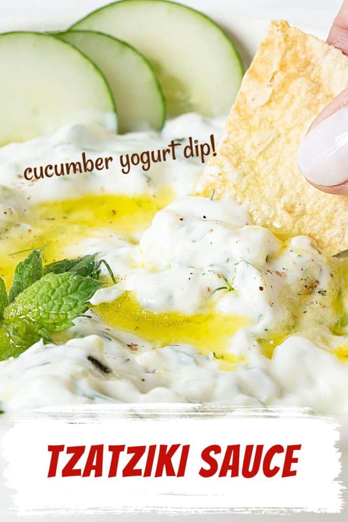 Red and white text overlay on close up image of cucumber yogurt dip with pita chip.