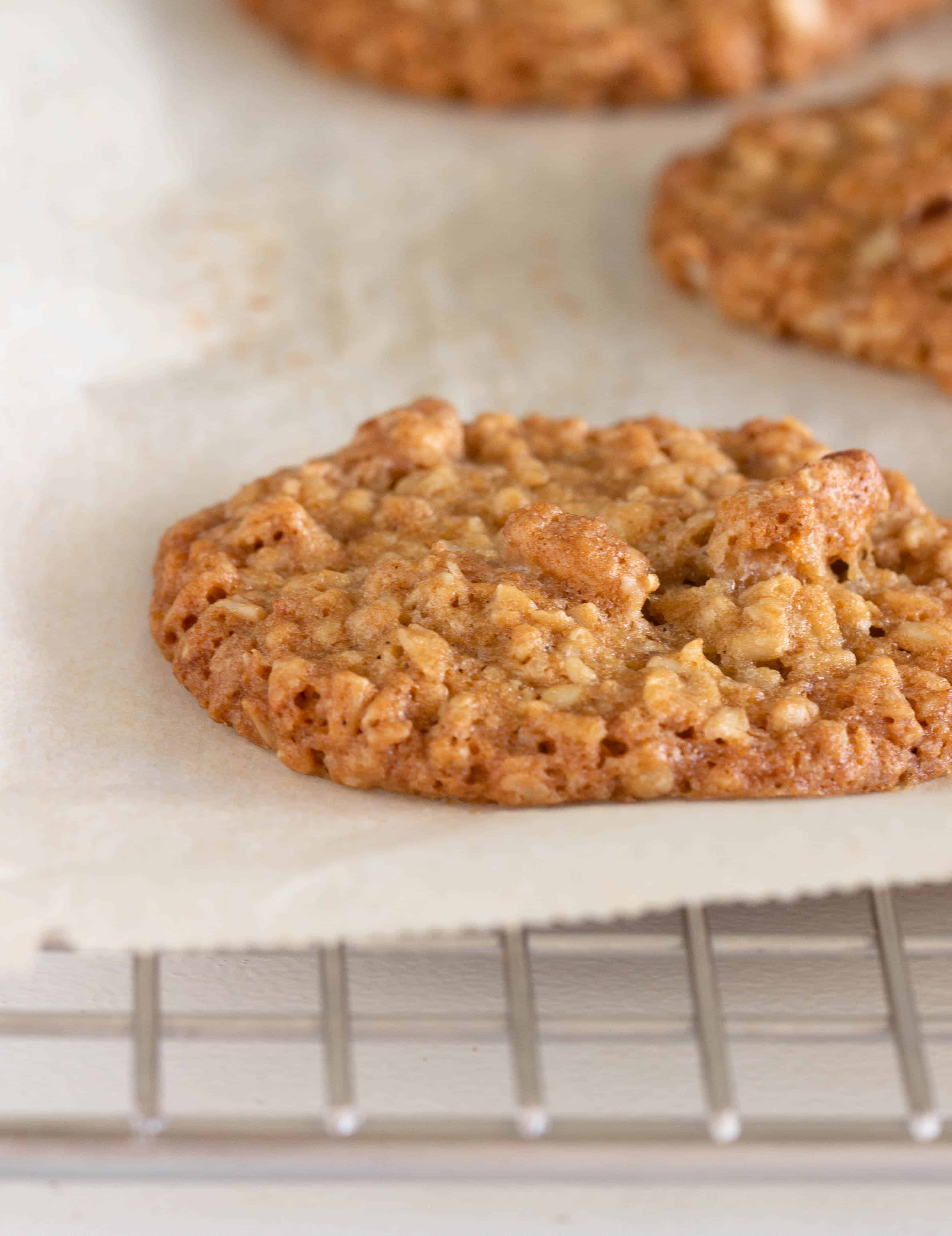 Close-up of single oatmeal walnut cookie on parchement paper on wire rack