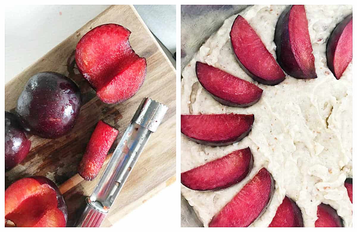 Two image collage of plum without stone on a wooden board, and cake batter with plum wedges.