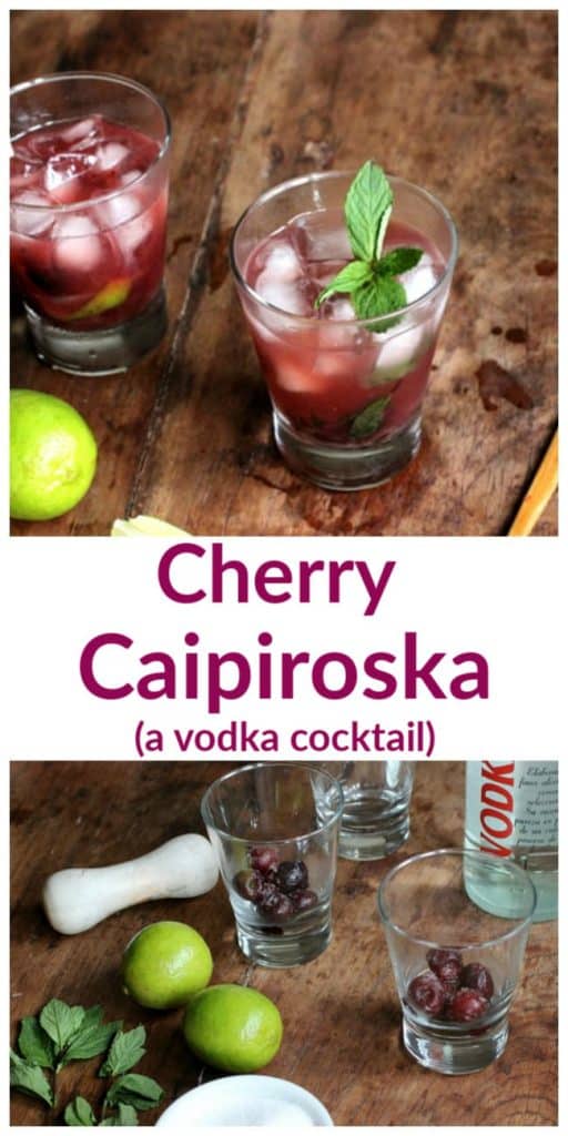 Image collage of cherry caipiroska with text