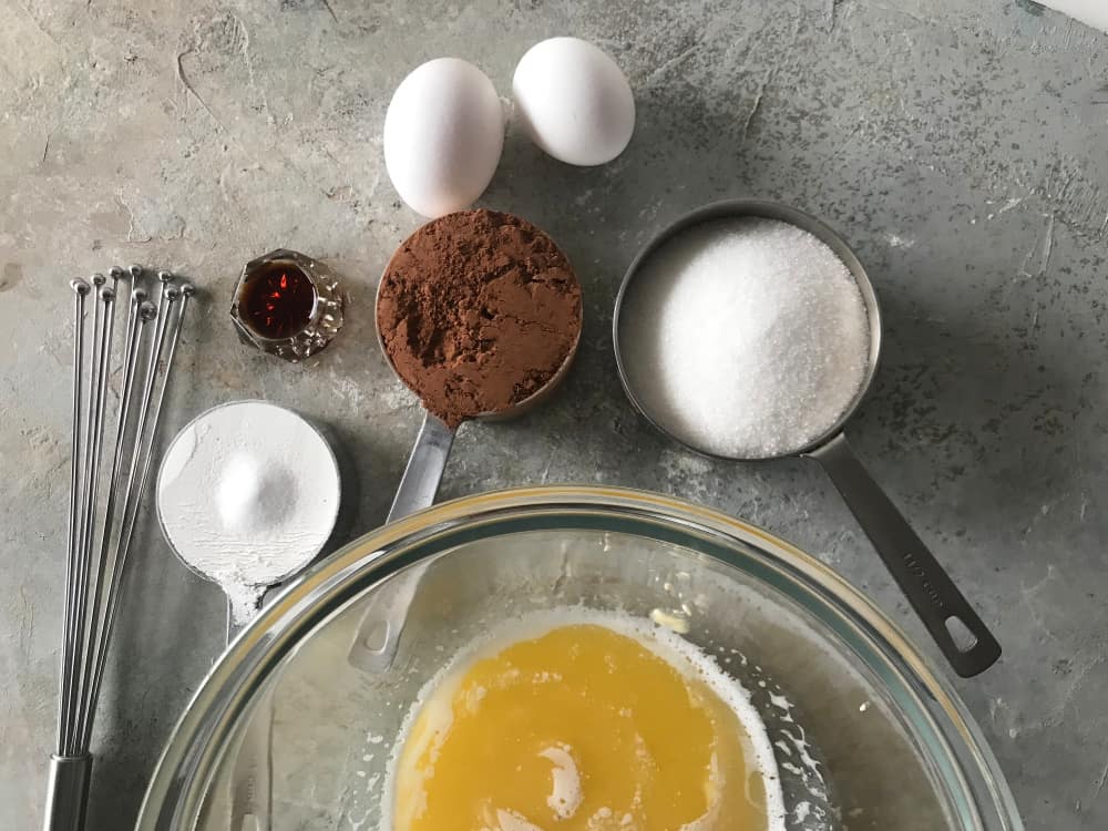 Bowls and cups with Cocoa Brownie Ingredients