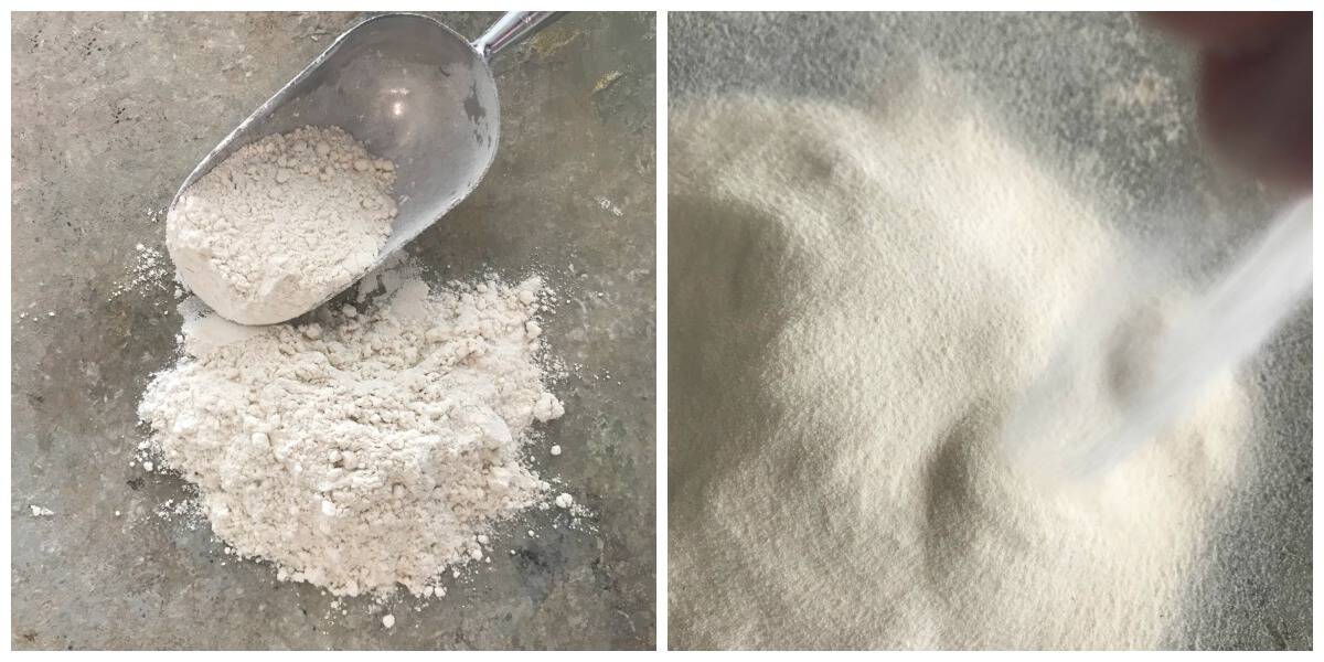 Collage showing bread flour and semolina flour.