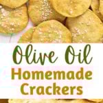 Brown, green and white text overlay on two images of homemade round crackers.