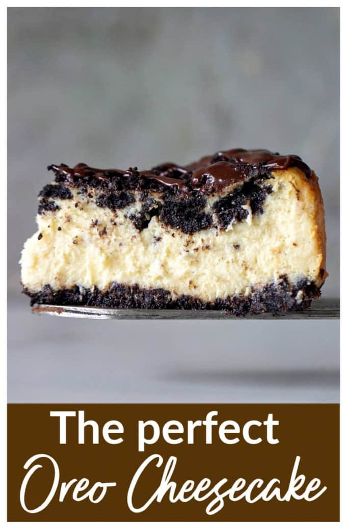 Slice of Oreo Cheesecake; pin with text