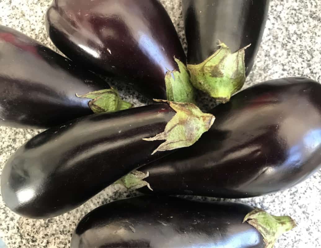 Bunch of whole, raw Italian eggplants on grey counter