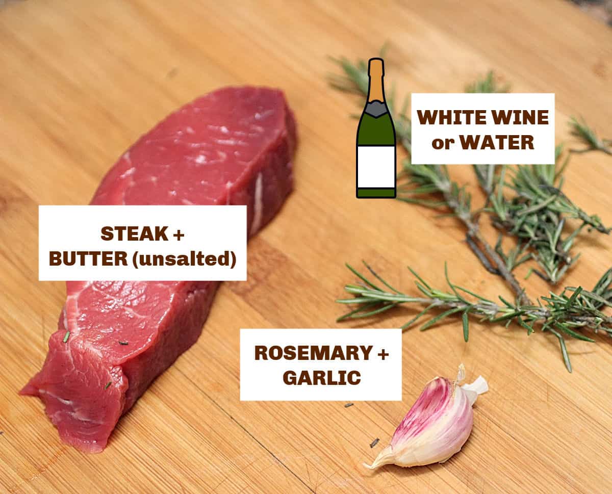 Wooden board with raw meat, rosemary sprigs, and garlic clove; text with overlay