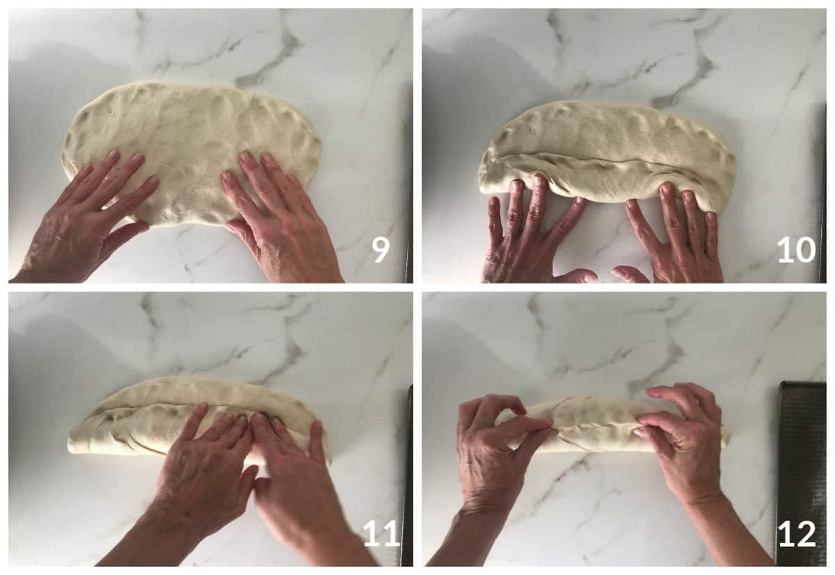 Hands forming bread loaf, rolling and pinching it on white marble surface