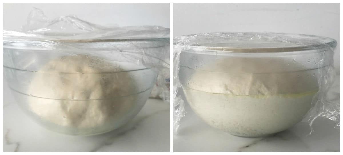 Glass bowls with before and after bread dough has doubled in size
