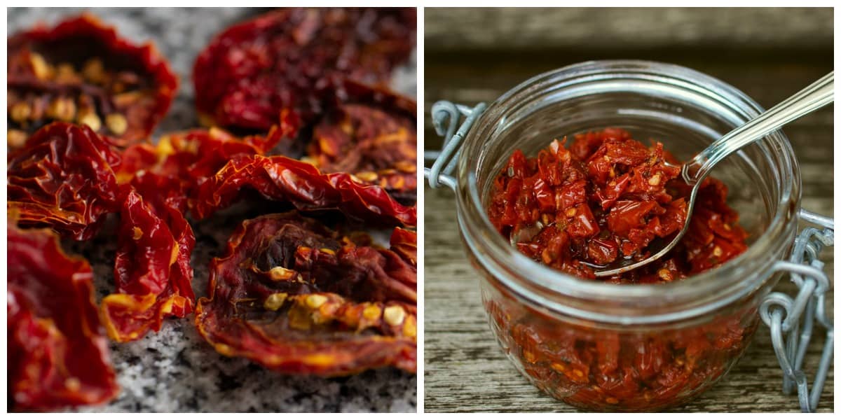 Image collage of sun-dried tomatoes on marble and in a glass jar with spoon.