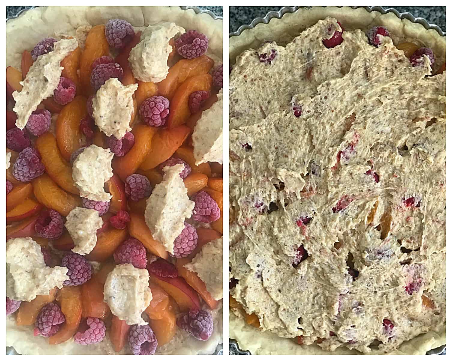 Image collage, slathering almond cream over unbaked apricot raspberry tart.