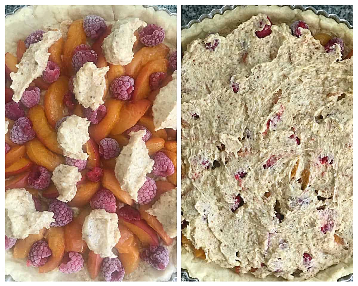 Two image collage of apricot raspberry frangipane tart assembly.