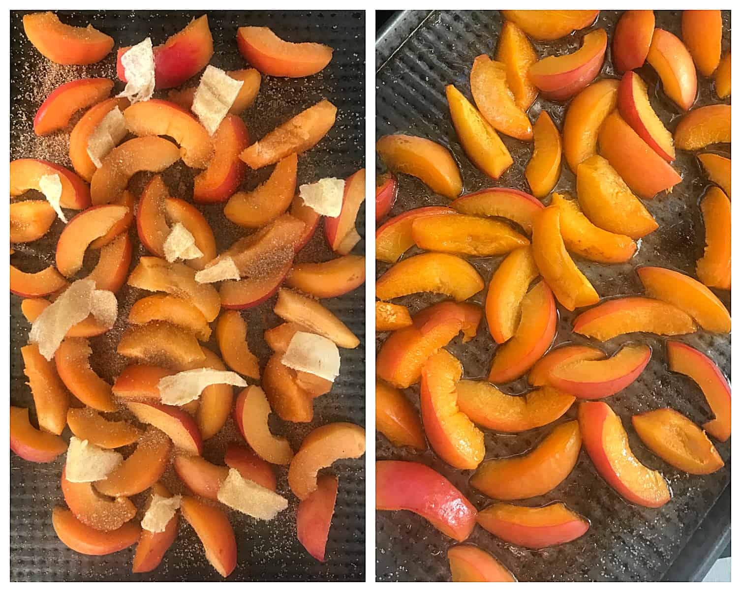 Raw and baked apricots in oven pans, image collage.