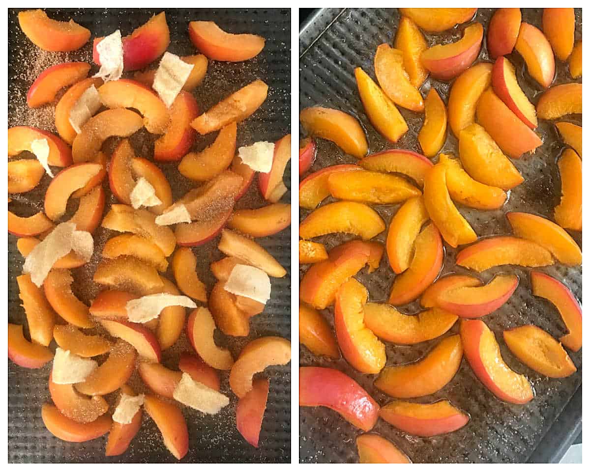 Raw and baked apricot wedges in oven pans. Two image collage.