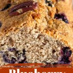 Close-up of quick bread with pecans and blueberries, brown and white text over it