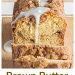 Close up of loaf cake with glaze being poured on a wooden board