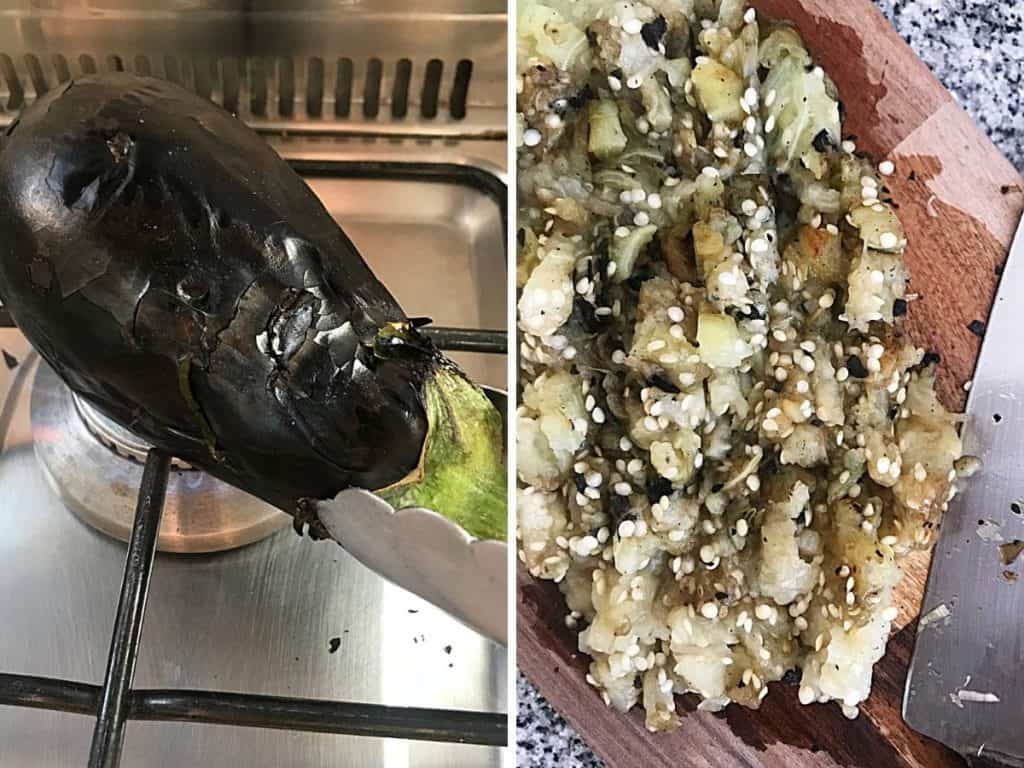 Collage of eggplant being charred on stovetop and chopped pulp
