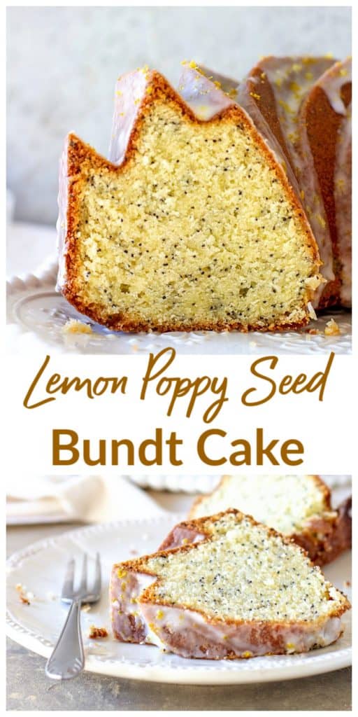 Image collage of slice and overview of lemon bundt cake