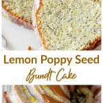 Image collage of slices and overview of lemon bundt cake