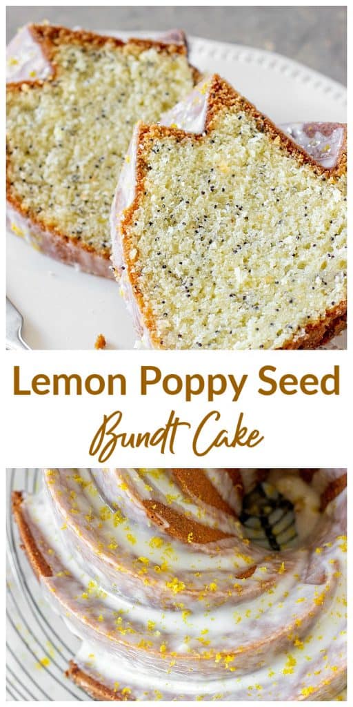 Image collage of slices and overview of lemon bundt cake