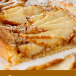 Cut rectangular pear tart on white surface, with text
