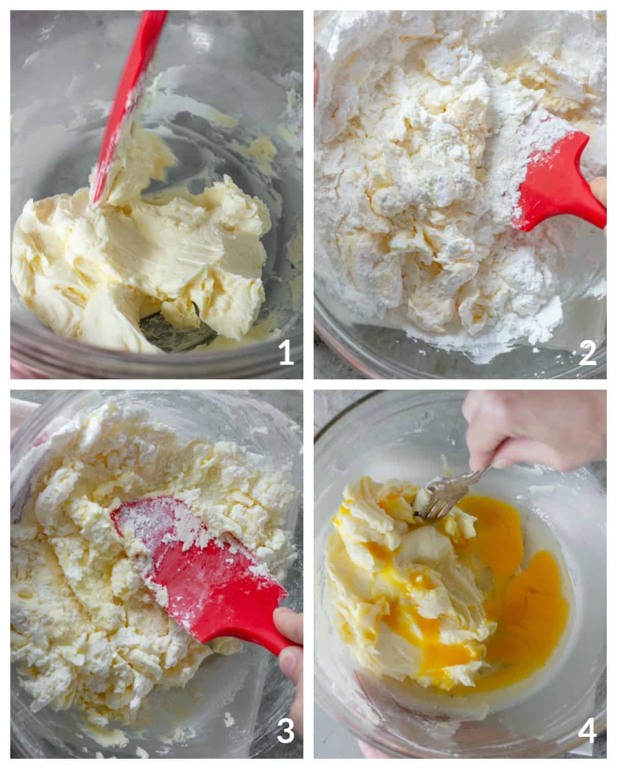 Image collage showing steps for making sweet pie dough in glass bowl with red spatula