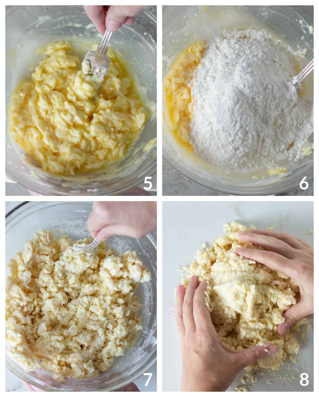 Hand mixing and forming pie dough in a glass bowl and on counter